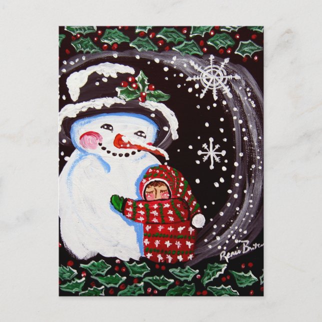 Snowman Hug Wintervolkskunst Postkarte (Vorderseite)