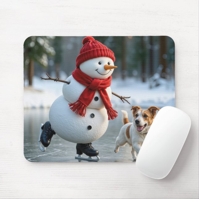 Snowman Ice Skating With Dog Mousepad (Mit Mouse)