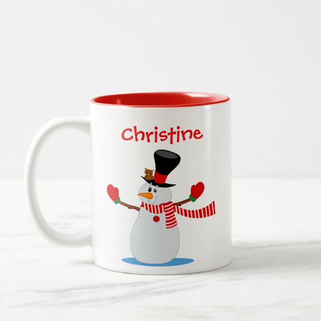 Snowman Illustration Personalisiert Red and White Zweifarbige Tasse (Links)