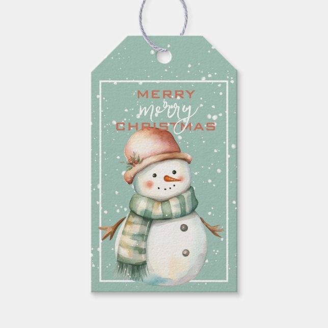 Snowman im Aquamarinen Scarf & Tan Cap Weihnachten Geschenkanhänger (Vorderseite)