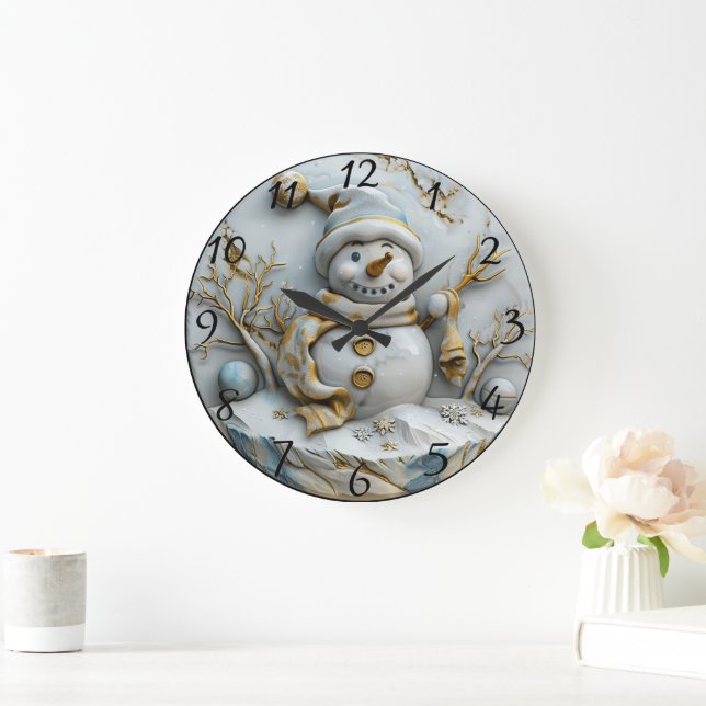 Snowman im Winter Wonderland Große Wanduhr (Zuhause)