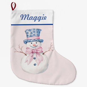Snowman in Blue Damask Top Hat Großer Weihnachtsstrumpf