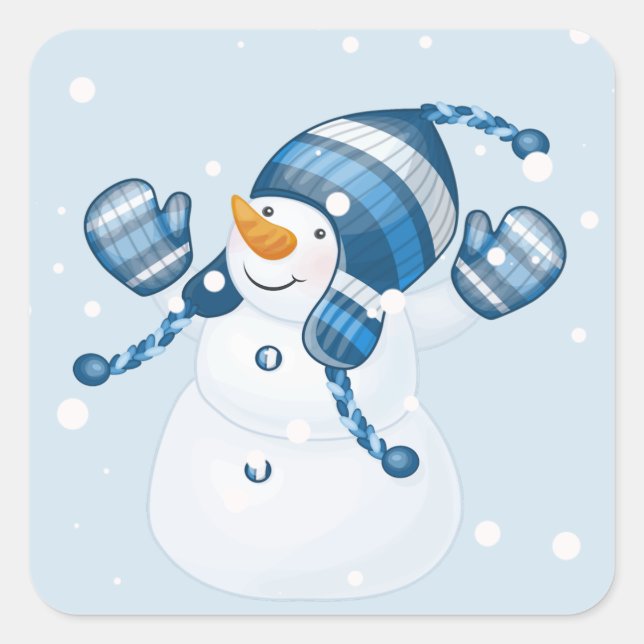 Snowman in Blue Mitts und Hat Quadratischer Aufkleber (Vorderseite)