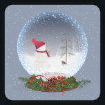 Snowman in Christmas Snow Globe Square Sticker<br><div class="desc">Schneemann mit goldenem Weihnachtsstern für alten Kiefernbaum in einer Schneekugel. Schneeflocke-Overlay</div>