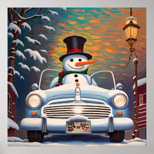 Snowman in einem Cabrio Poster