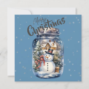 Snowman in einem Jar Snowflakes Blau Feiertagskarte