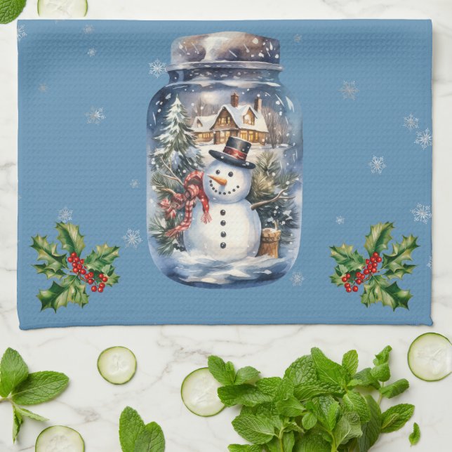 Snowman in einem Jar Snowflakes Blau Geschirrtuch (Gefaltet)
