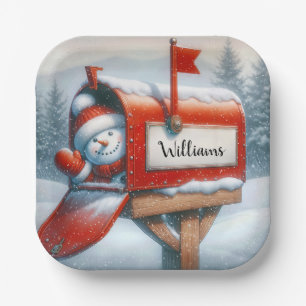 Snowman in einer Urlaubspost mit Individuelle Name Pappteller