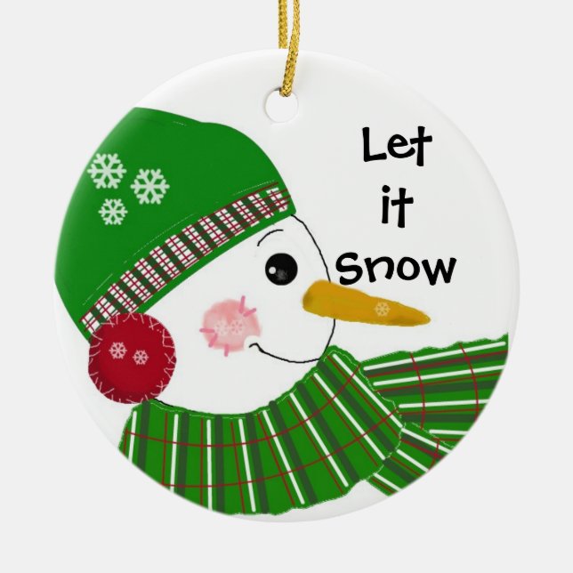 Snowman in Green Hat und Scarf Keramikornament (Vorne)