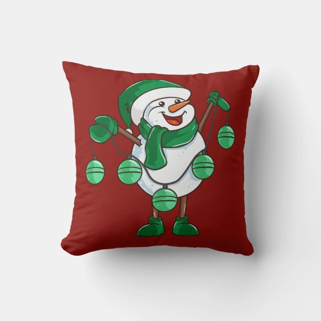 Snowman in Green Scarf | Weihnachtsgeschenk Kissen (Vorderseite)