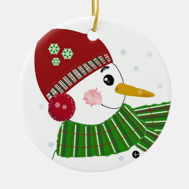 Snowman in Red Hat und Green Scarf Keramik Ornament (Vorne)