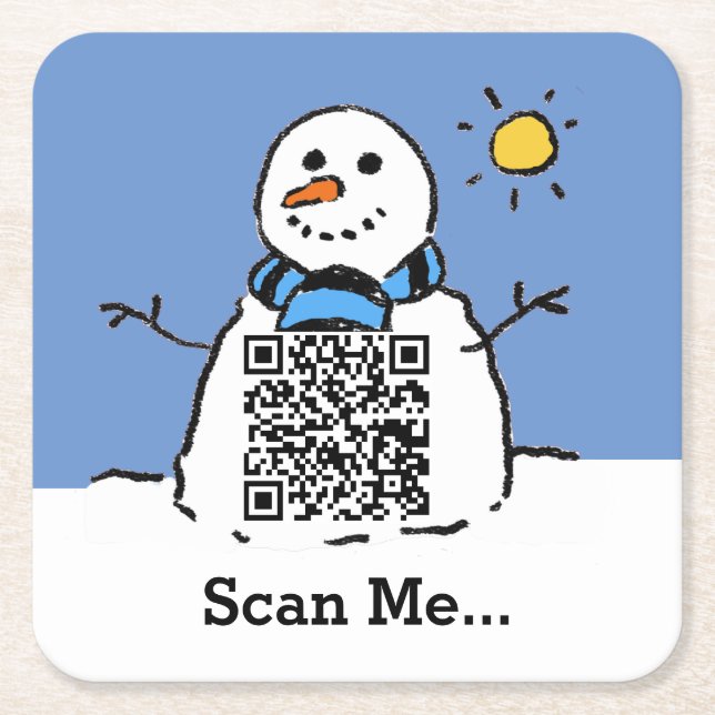 Snowman in Sunshine mit QR-Code Rechteckiger Pappuntersetzer (Vorderseite)