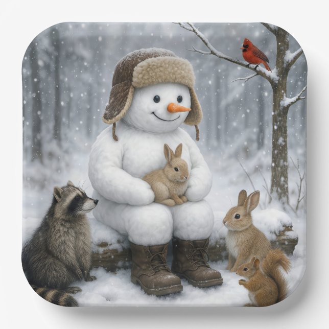 Snowman In Winter Woods With Animal Friends Pappteller (Vorderseite)