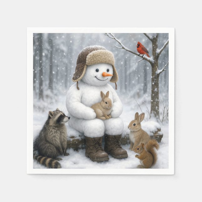 Snowman In Winter Woods With Animal Friends Serviette (Vorderseite)