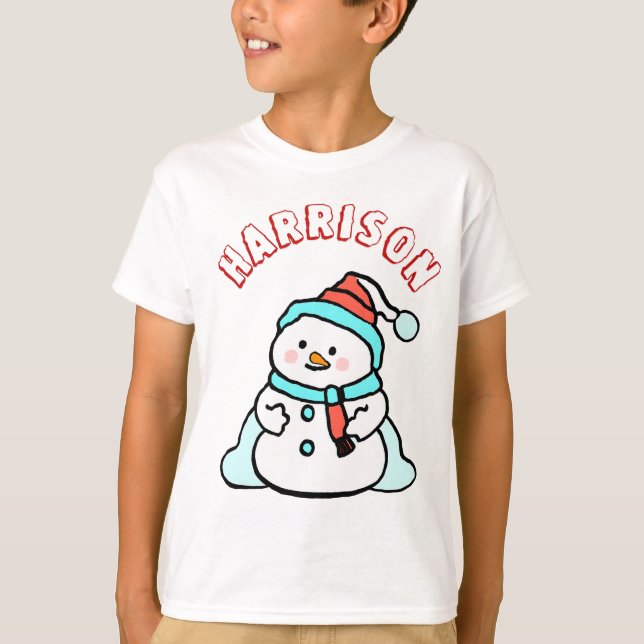 Snowman Individuelle Name Boys White Christmas T-Shirt (Vorderseite)