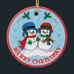 Snowman Keramik Ornament<br><div class="desc">Personalisieren Sie dieses bezaubernde "Eine von einer Art" Schneemann Weihnachtsschmuck! Herr & Mrs. Frosty Der Schneemann macht einen zauberhaften Weihnachtsspaziergang durch ein "Schneewinterwunder"! Original Fine Art Design von Künstler Kerry Miller.</div>
