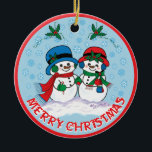 Snowman Keramik Ornament<br><div class="desc">Personalisieren Sie dieses bezaubernde Weihnachtsschmuck "Eine von einer Art"! Herr & Mrs. Frosty Der Schneemann macht einen zauberhaften Weihnachtsspaziergang durch ein "Schneewinterwunder"! Original Fine Art Design von Künstler Kerry Miller.</div>