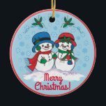 Snowman Keramik Ornament<br><div class="desc">Personalisieren Sie dieses einzigartige "Eine von einer Art" Weihnachtsschmuck! Herr & Mrs. Frosty Der Schneemann macht einen zauberhaften Weihnachtsspaziergang durch ein "Schneewinterwunder"! Original Fine Art Design von Künstler Kerry Miller.</div>