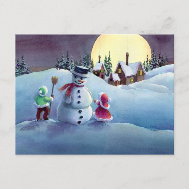 SNOWMAN & KIDS VON SHARON SHARPE FEIERTAGSPOSTKARTE (Vorderseite)