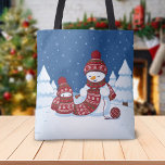 Snowman Knitting Christmas Scarf<br><div class="desc">Cartoon illustration of two adorable snowmen dressed in knitted hats and scarves. The big snowman is knitting an oversized scarf for the little one. The scarf is already wrapped several times around the cute little snowman.</div>