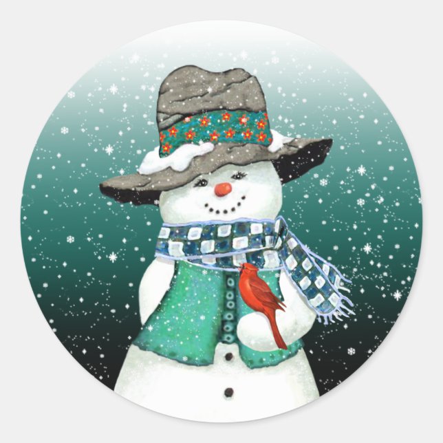 Snowman lächeln, Kardinal in einem Snowstorm Stick Runder Aufkleber (Vorderseite)