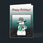 Snowman lächeln, Kardinal in einer Schneesturm-Kar Feiertagskarte<br><div class="desc">Der Schneemann grinste am Kardinal,  während der Schnee sanft fiel.</div>