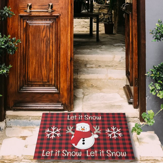 Snowman Let it Snow Red und Black Buffalo Kariert Fußmatte (Von Creator hochgeladen)