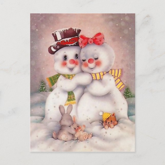 Snowman-Liebespaar, Vintager Feiertagsgruß Postkarte (Vorderseite)