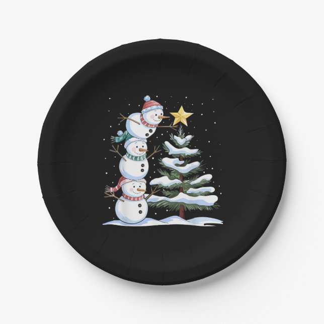 Snowman Merry Christmas Santa Claus Tree Snow Fami Pappteller (Vorderseite)