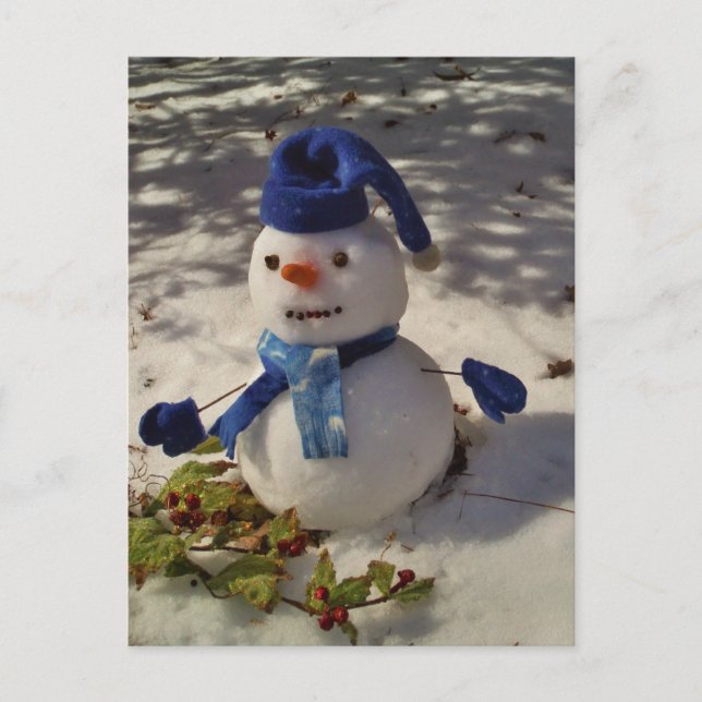 Snowman mit Blue Hat und Scarf Postkarte (Vorderseite)