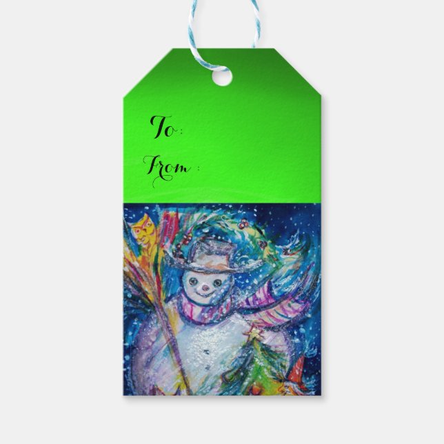 SNOWMAN MIT CHRISTMAS BAUM UND SPIELZEUG ,grün Geschenkanhänger (Vorderseite)
