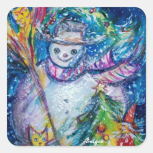 SNOWMAN MIT CHRISTMAS BAUM UND SPIELZEUG IM WINTER QUADRATISCHER AUFKLEBER