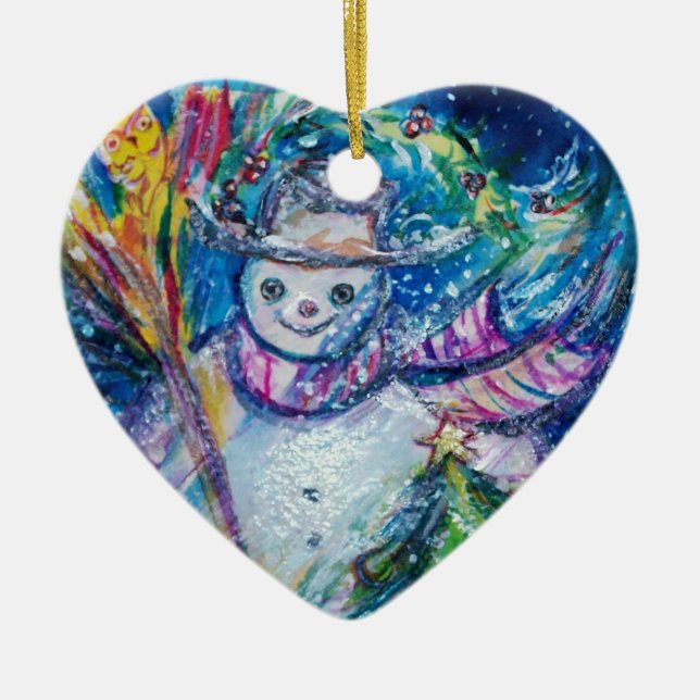 SNOWMAN MIT CHRISTMAS BAUM UND SPIELZEUG KERAMIKORNAMENT (Vorne)