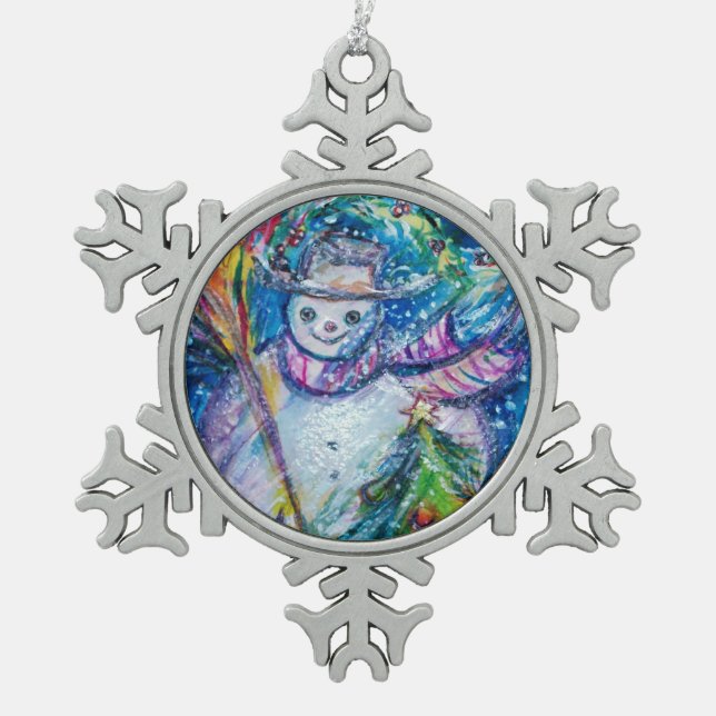 SNOWMAN MIT CHRISTMAS BAUM UND SPIELZEUG SCHNEEFLOCKEN Zinn-Ornament (Vorderseite)