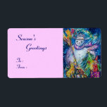 SNOWMAN MIT CHRISTMAS TREE, OWL UND SPIELZEUG<br><div class="desc">Whimsikale,  farbenfrohe und coole Winter Nacht Illustration,  Aquarellmalerei in lebendigblau weiß,  pink,  farbig.</div>