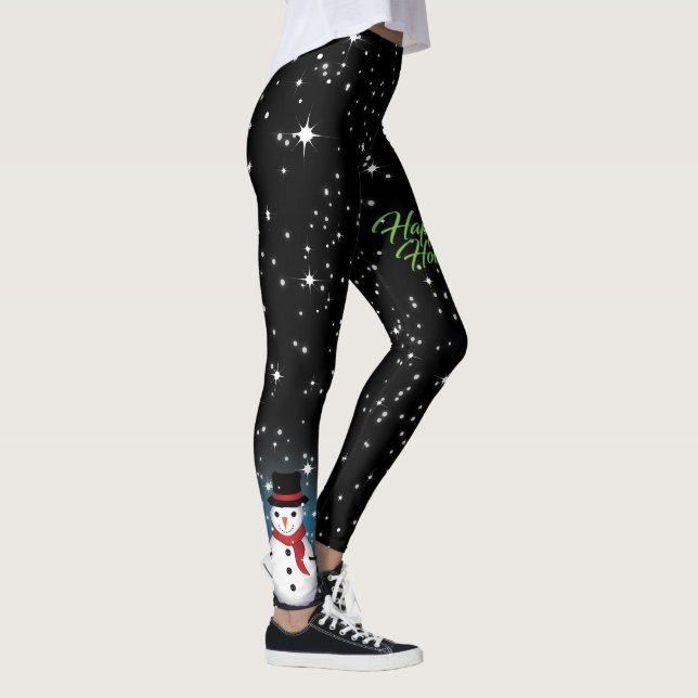 Snowman mit dem Happy Holidays Text in Green auf B Leggings (Rechts)