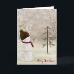 Snowman mit einem Weihnachts-Gold-Star Feiertagskarte<br><div class="desc">Ein niedlicher Schneemann mit Strumpf und Schal trägt einen Goldstar für einen alten Kiefer. Alle Texte können geändert werden.</div>