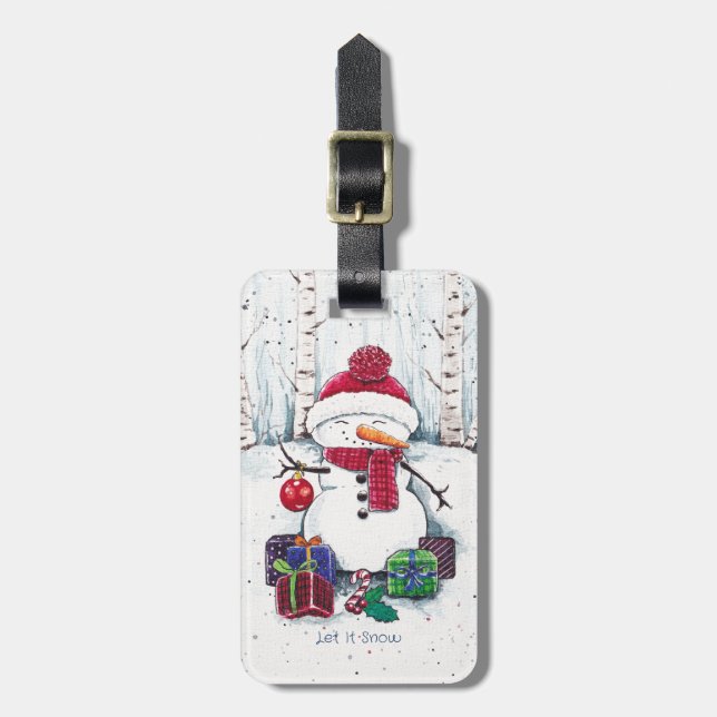 Snowman mit Geschenken in Aquarellfarbe Gepäckanhänger (Vorderseite vertikal)