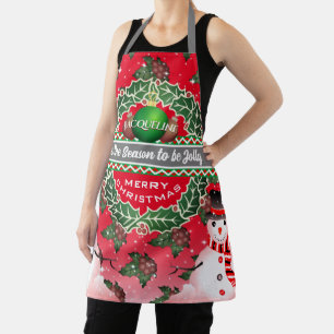Snowman mit Holly Berries und DEINEM NAMEN auf RED Schürze
