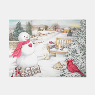 Snowman mit Kardinals-u. Schnee-Häschen im Garten Fußmatte
