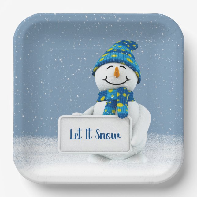 Snowman mit LET IT SNOW Sign Pappteller (Vorderseite)