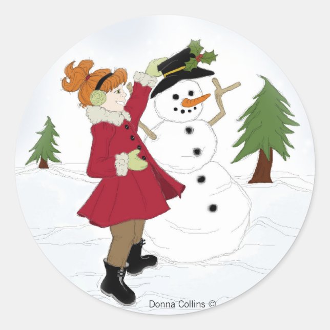 Snowman mit Little Girl Round Sticker (Vorderseite)