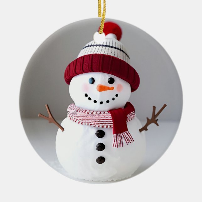 Snowman mit niedlichem Hut Keramik Ornament (Vorne)