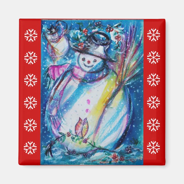 SNOWMAN MIT OWL / Rot Weiß Schneeflocken Magnet (Vorne)