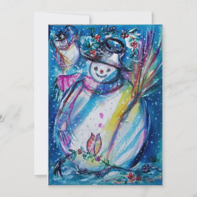 SNOWMAN MIT OWL, Silvester Party Eismetall Einladung (Vorderseite)