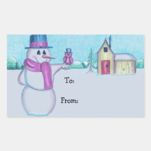 Snowman mit Red Bird Folk Art Zeichnend Rechteckiger Aufkleber