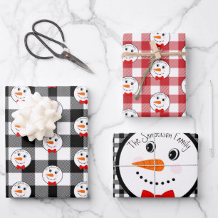 Snowman mit Red Bowtie Black Buffalo Kariert Trim Geschenkpapier Set