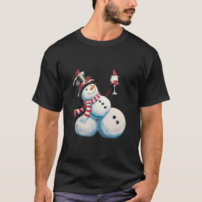 Snowman mit Wein Weihnachten Funny Weihnachten Ges T-Shirt (Vorderseite)