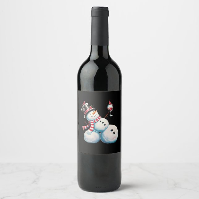 Snowman mit Wein Weihnachten Funny Weihnachten Ges Weinetikett (Vorderseite)