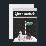 Snowman & North Pole - Einladung<br><div class="desc">Der Schneemann ist mit blauen Handschuhen und Knöpfen gekleidet. Der Schneemann ist neben einem weißen und roten Pol mit einem grünen Schild stehend, auf dem "Nordpol" steht. Die Geschenke sind neben dem Pol. Weißer Schnee liegt auf dem Boden. Diese Einladungen sind eine großartige Möglichkeit, jemanden zu einem Party einzuladen. Ein...</div>